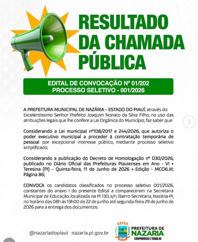 CONVOCAÇÃO EXTRAORDINÁRIA: PROCESSO SELETIVO SIMPLIFICADO 001/2026