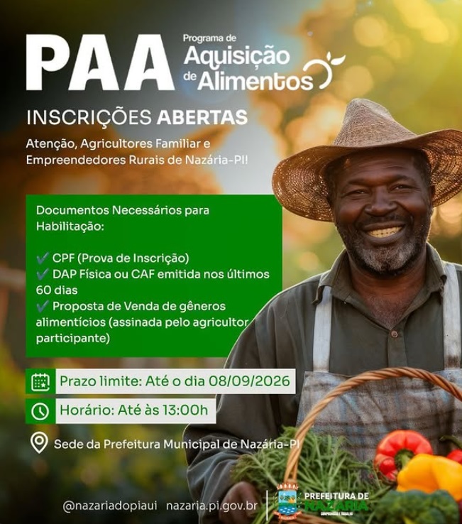 Atenção, agricultores familiares e empreendedores rurais do nosso município! Estão abertas as inscrições para o Programa de Aquisição de Alimentos (PAA).